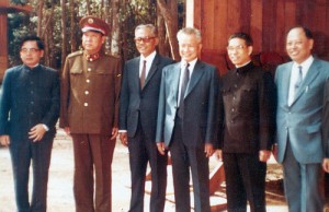 Son Sen (third from left) pictured with Khieu Samphan (fourth from left), Ieng Sary (right), and visiting Chinese military officer in Khmer Rouge-controlled zone near the Thai border in the 1980s. (Source: Documentation Center of Cambodia)