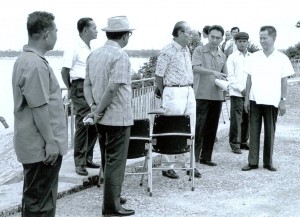 Khieu Samphan (right) meets with members of the Burmese embassy during the DK period. (Source: Documentation Center of Cambodia Archives)